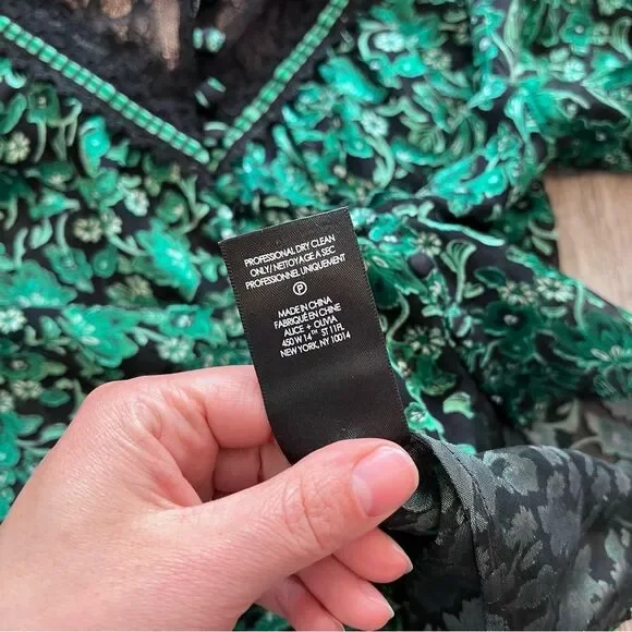 Alice + Olivia Clarice illusion yoke Floral Blouse green silk women’s S‎